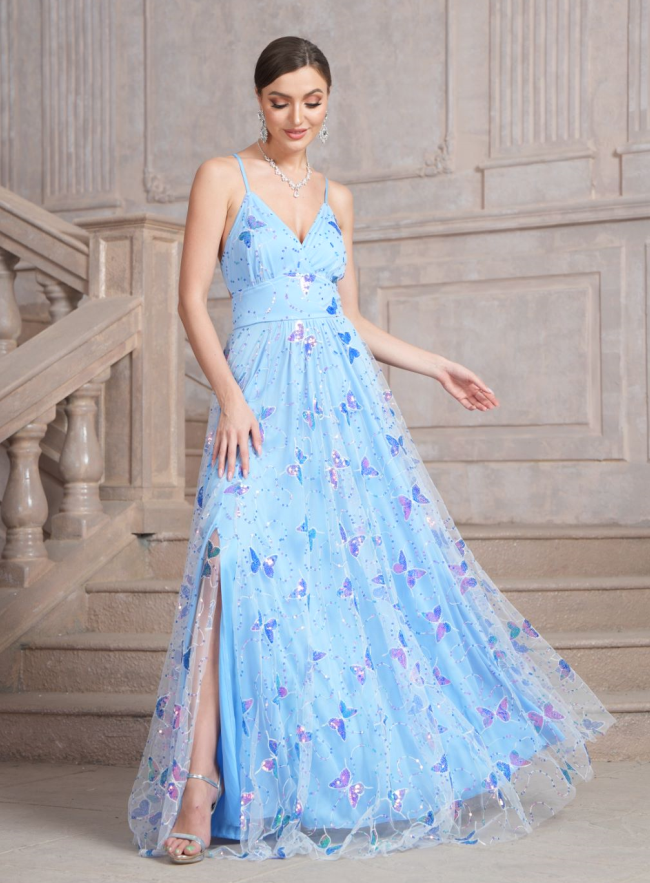 Women Butterfly Sequined Suspender V Neck Slit Lace-up Dress 3