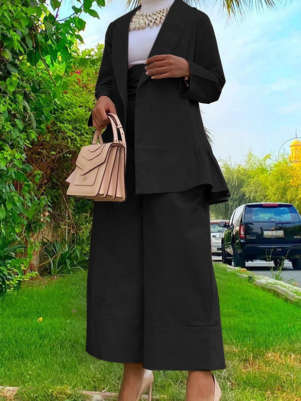 Women's Turndown Collar Jacket High Waist Loose Pants Suit 4