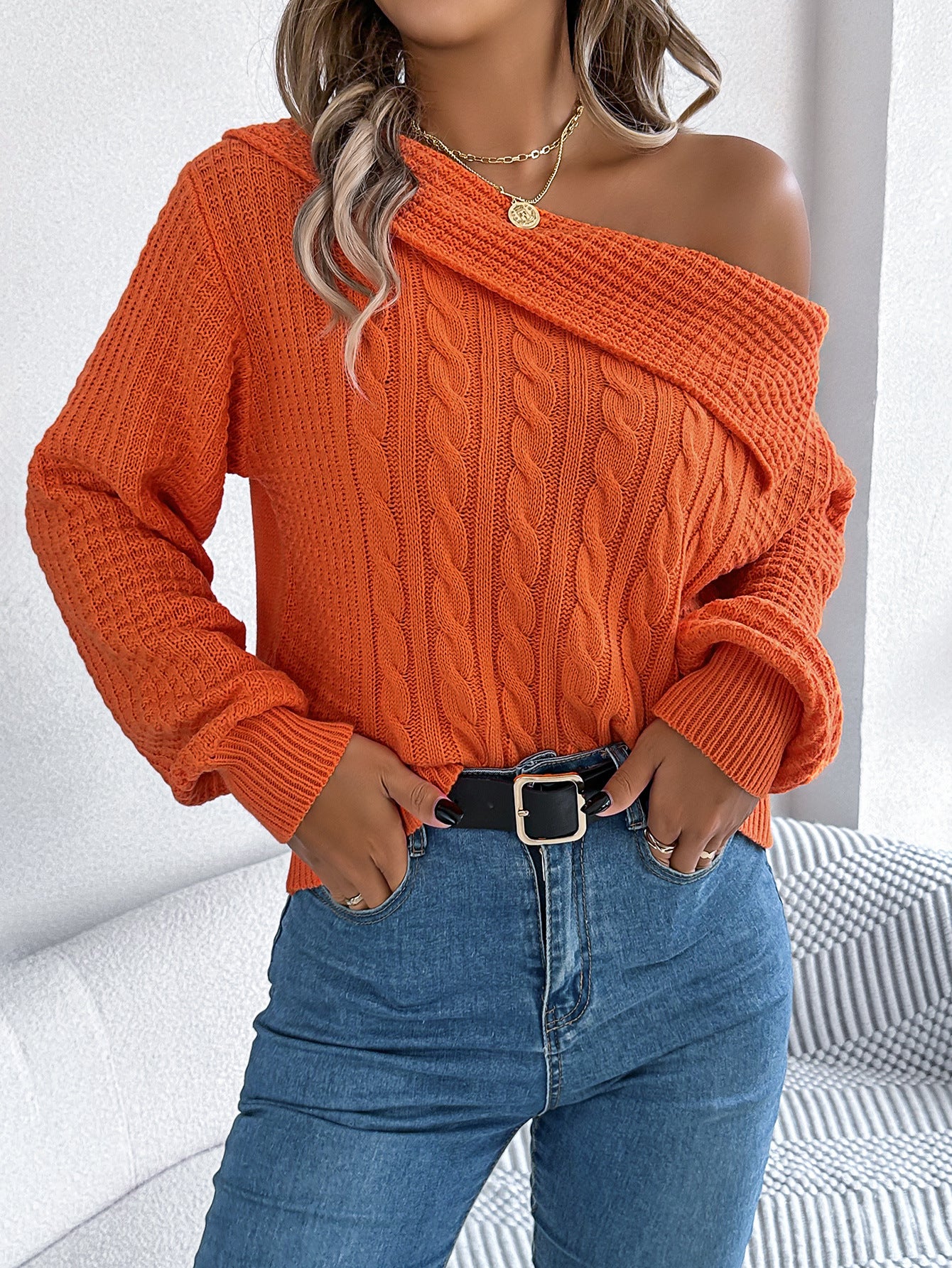 Autumn and winter casual sexy Turndown Collar off-shoulder twisted long-sleeved pullover sweater 7