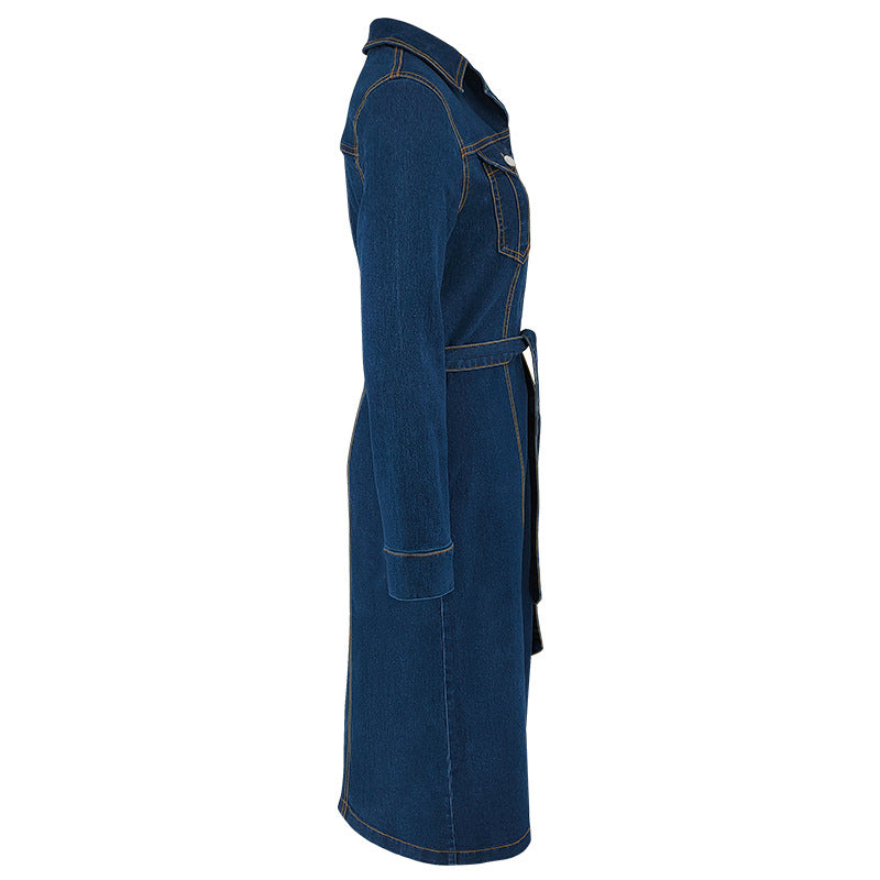 Fashion Women's Clothing Denim Long Sleeve Button Midi Dress 7