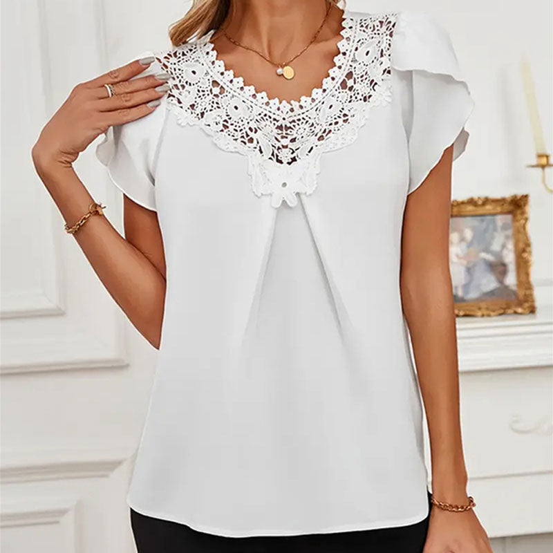 Women's Solid Color Lace short Sleeve T-shirt Spring and Summer Tops 4