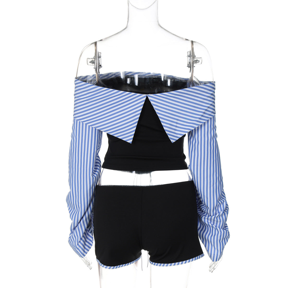 Women's Off Shoulder Striped Shirt Style Irregular Patchwork Lace-Up Top Shorts Two-Piece Set 9