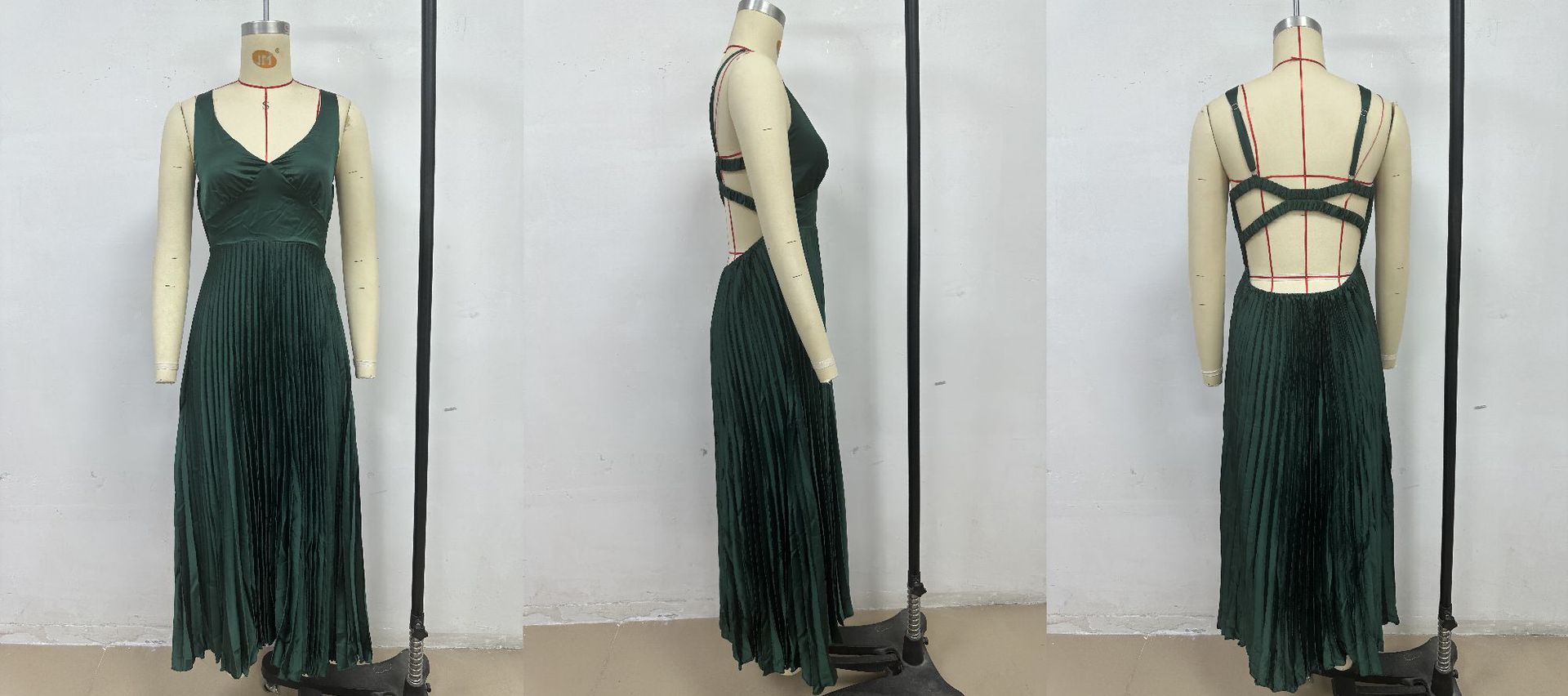 Women summer solid pleated sexy v-neck Strap Dress 8