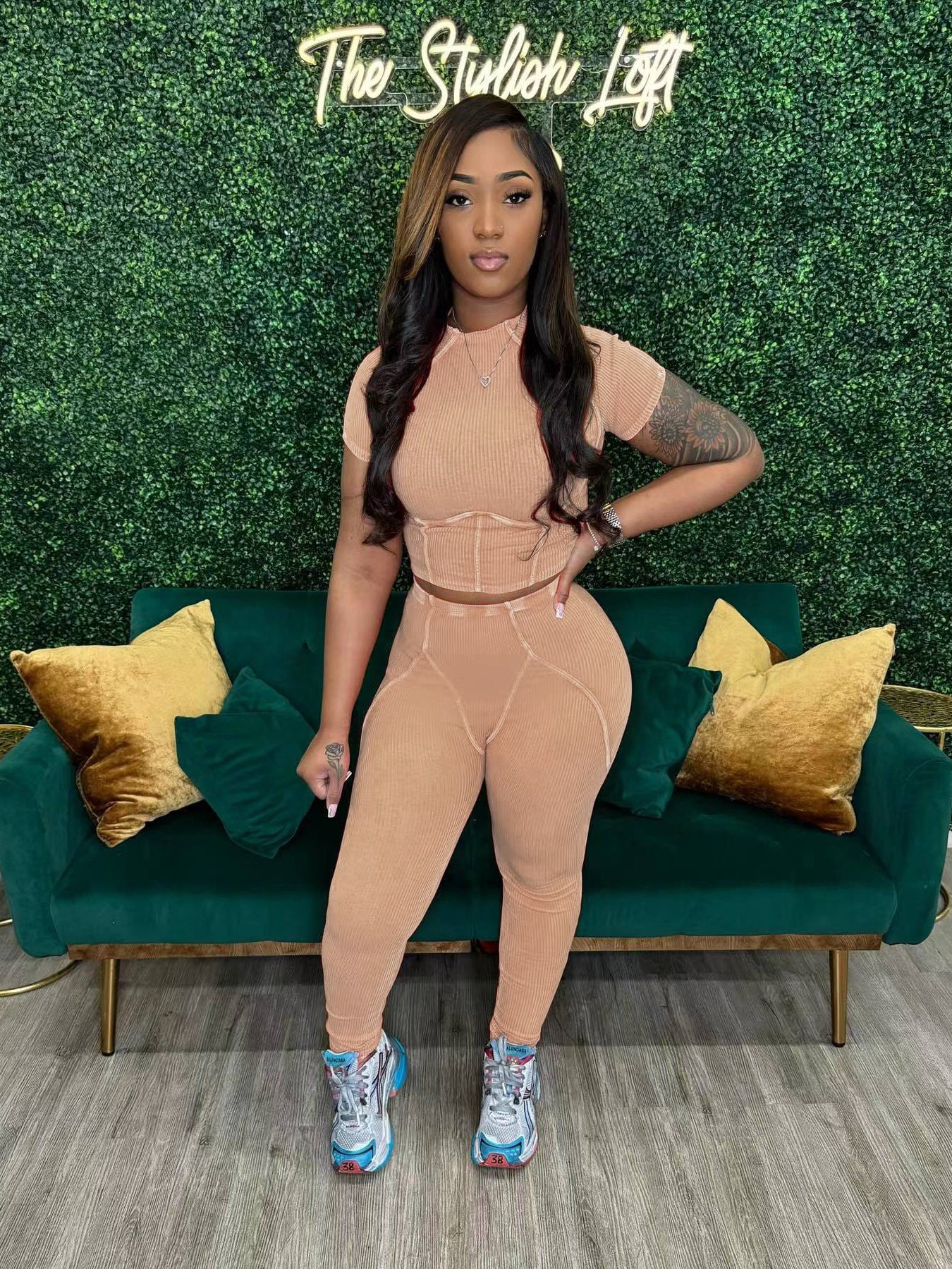 Women washed Ribbed short-sleeved top and trousers two-piece set 5