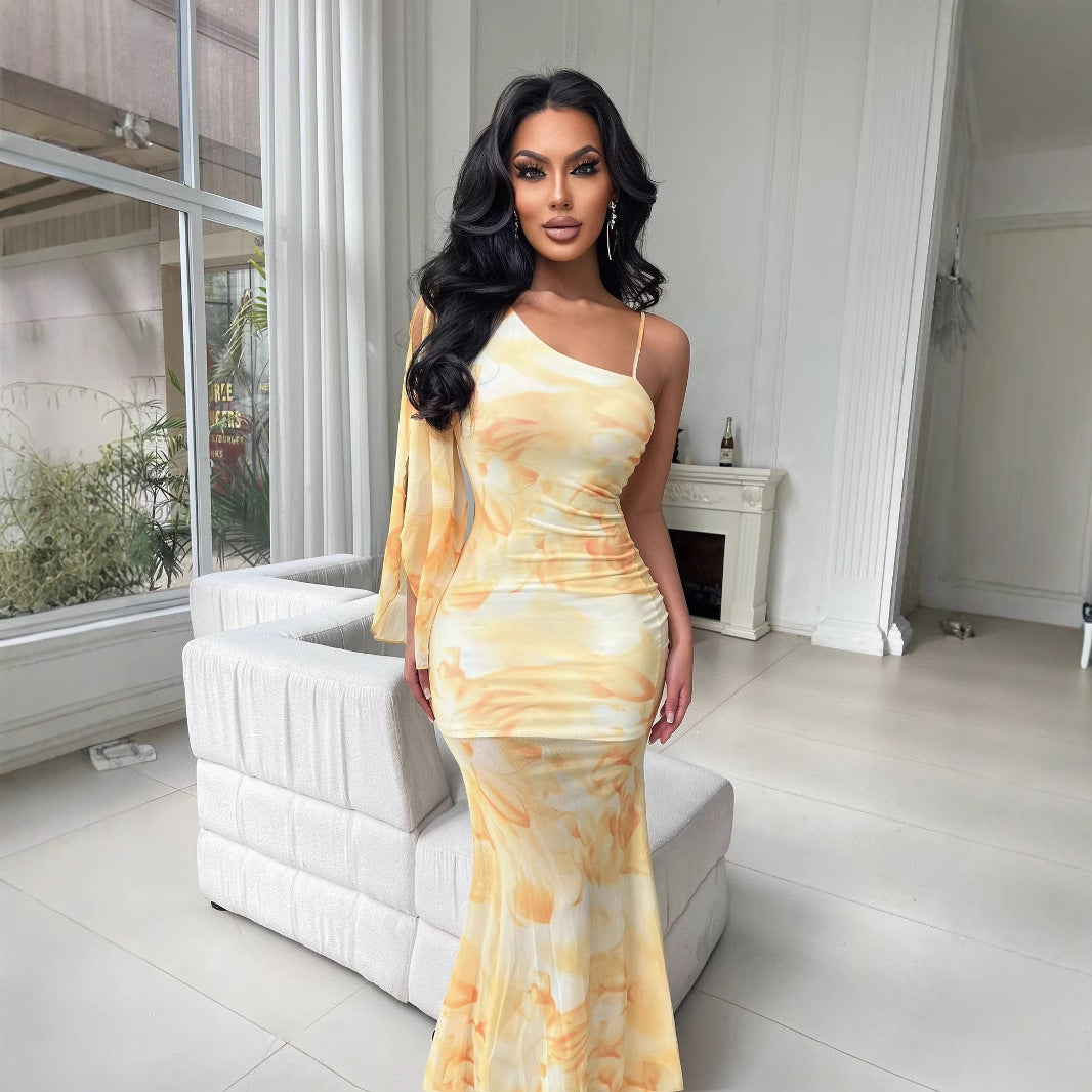 Sexy Slash Shoulder Strap Dress Women Holidays Fishtail Print Mesh Long Dress 4