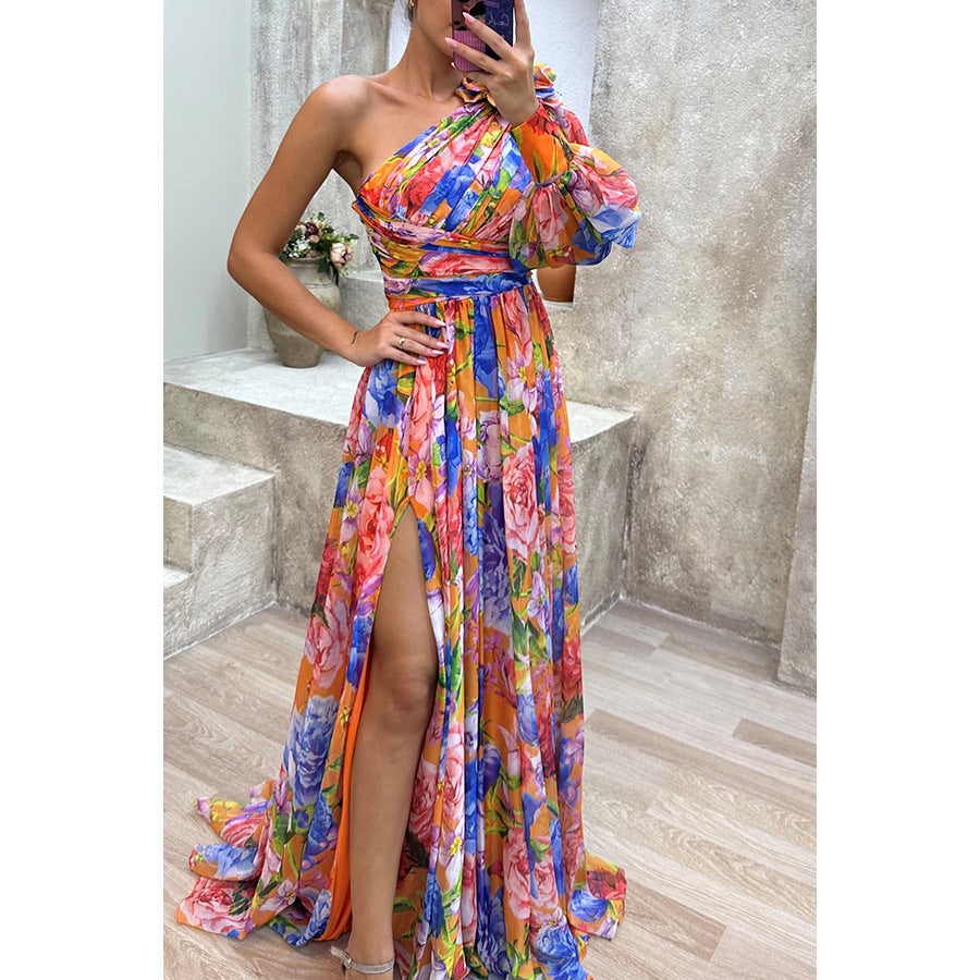 Autumn and Winter Loose Multicolor Slash Shoulder Slit Loose party Dress