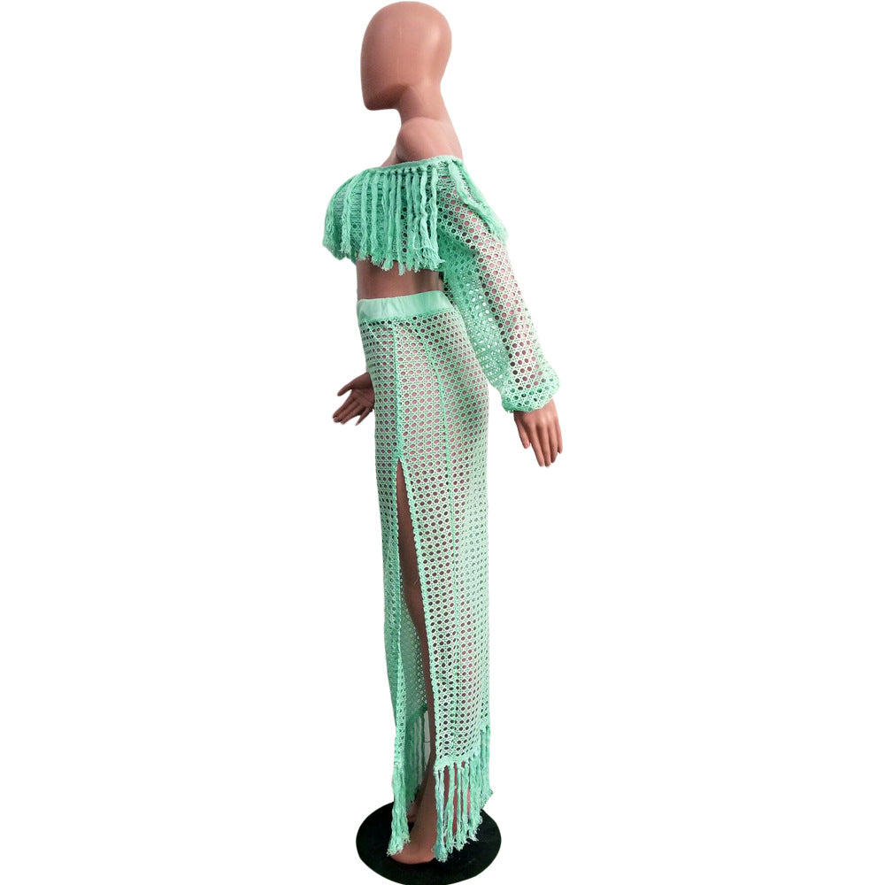 Summer Hollow Sexy Fashion Mesh Tassel See-Through Two-Piece Skirt Set 43