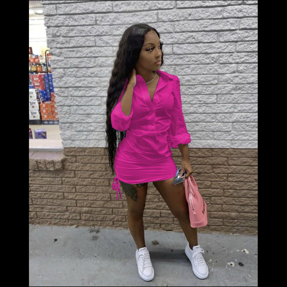 Ladies Solid Deep V Shirt Dress 11