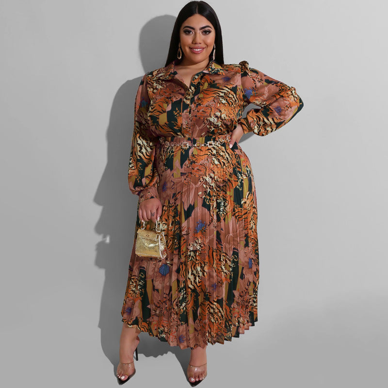 Plus Size Women Printed Long Sleeve Top + Ruched Skirt Two-Piece Set 13
