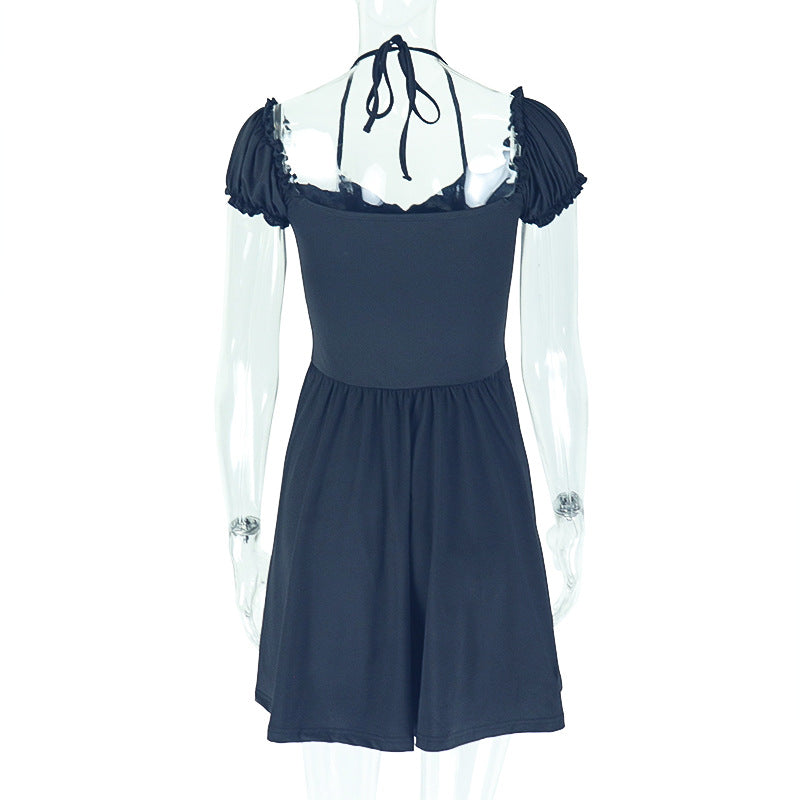 Women's Elegant Chic Solid Slim-Waist Pleated Halter Neck V-Neck Short Dress 8