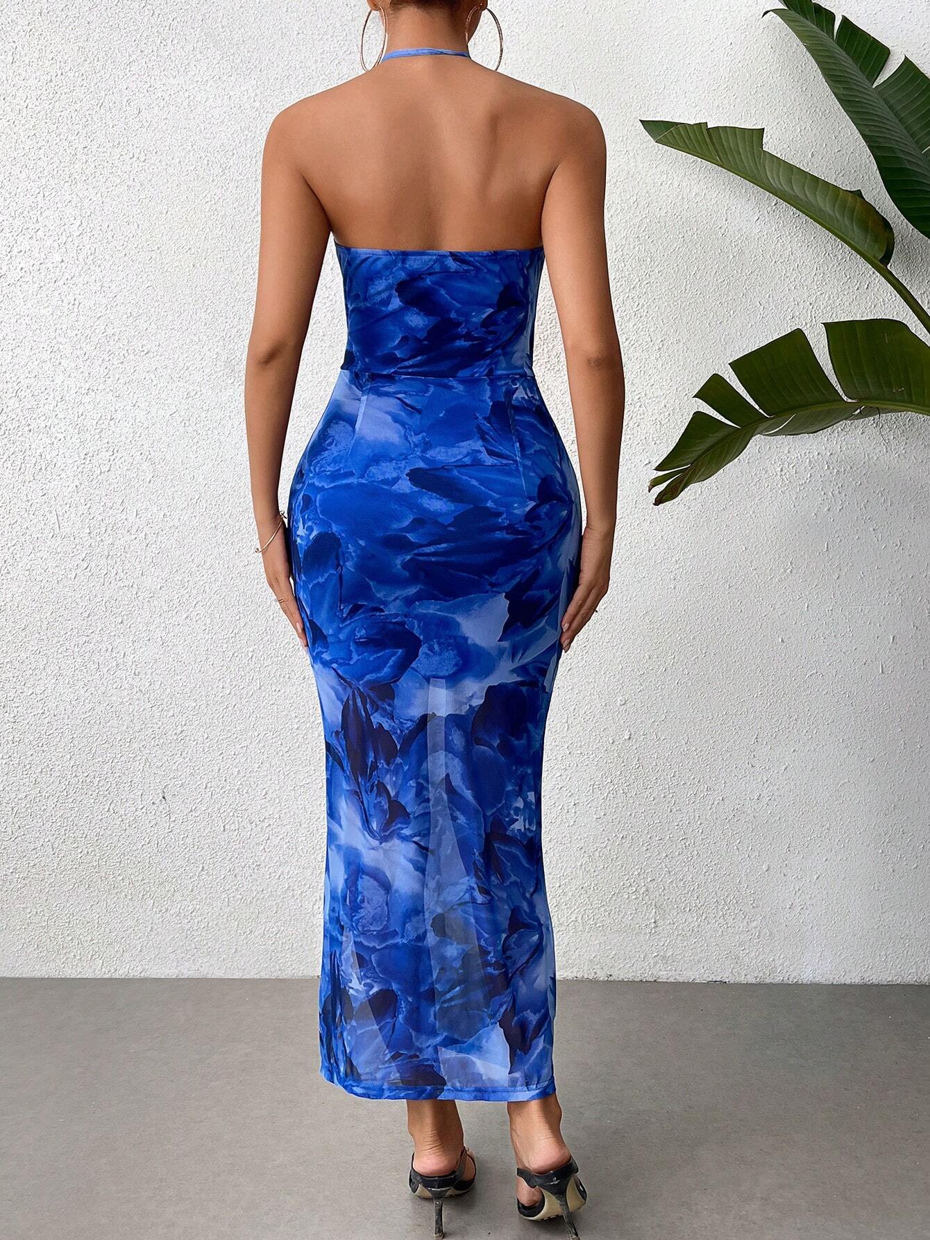 Spring and Summer Women's Strapless Halter Low Back Print Slim Dress 12