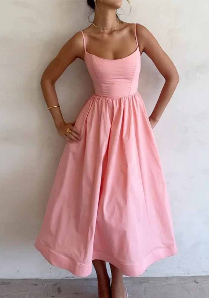 Women summer solid sexy u-neck pleated suspender dress