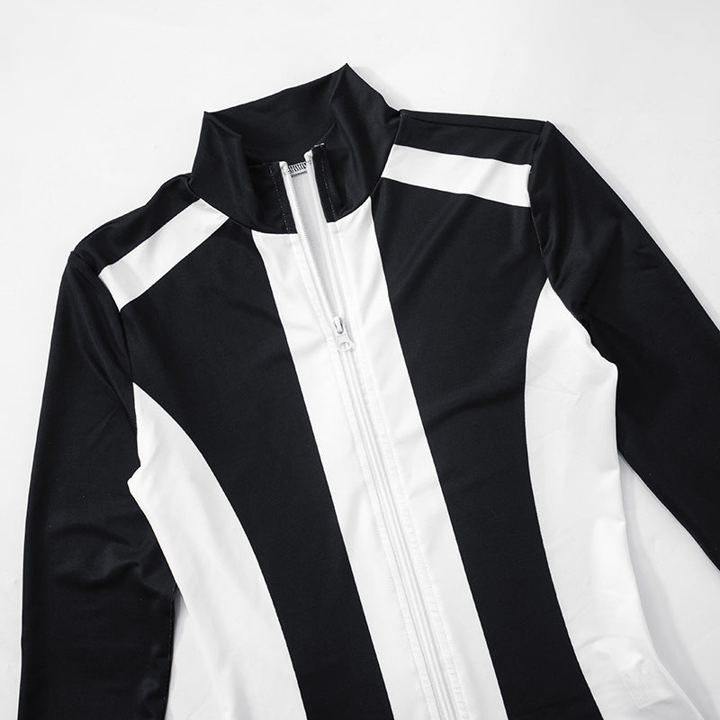 Women Sporty Casual Long-Sleeved Contrast Color Top and Pant Two-Piece Set 8