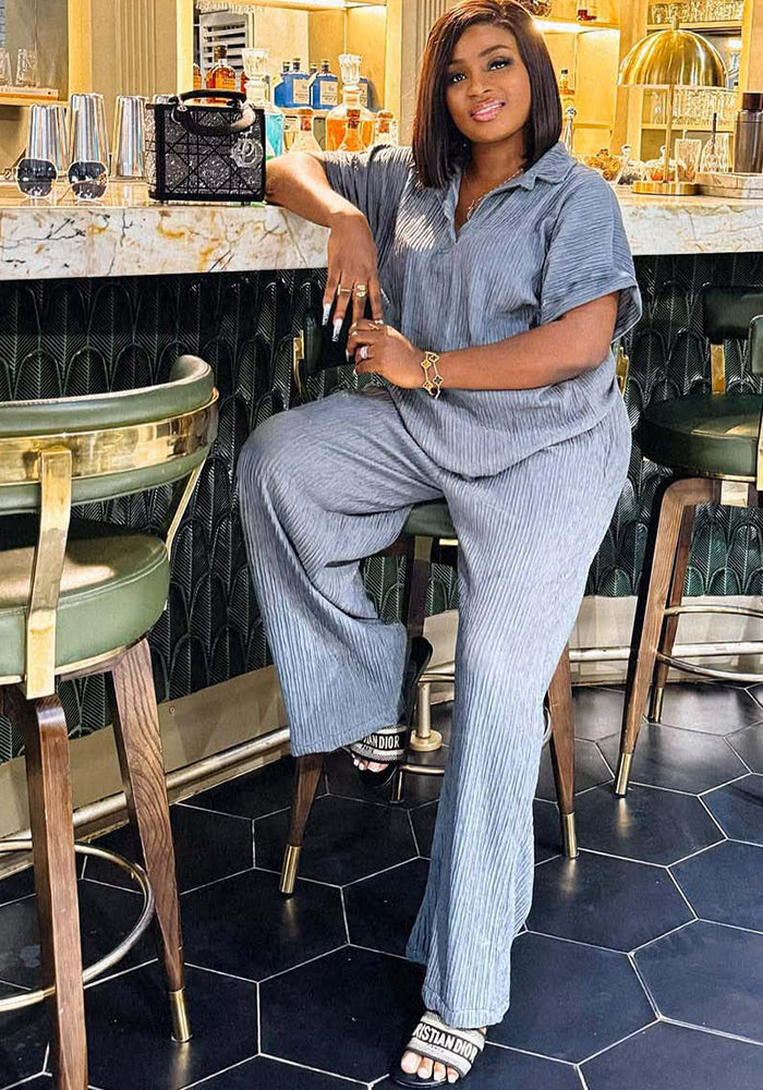 Plus Size Women African summer Turndown Collar Top And trousers two-piece set