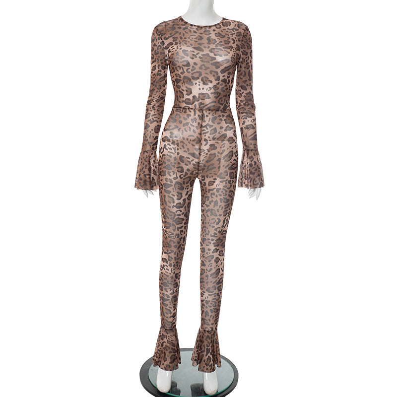 Women's Spring-Summer Leopard Mesh Bell Sleeve See-Through Jumpsuit 7