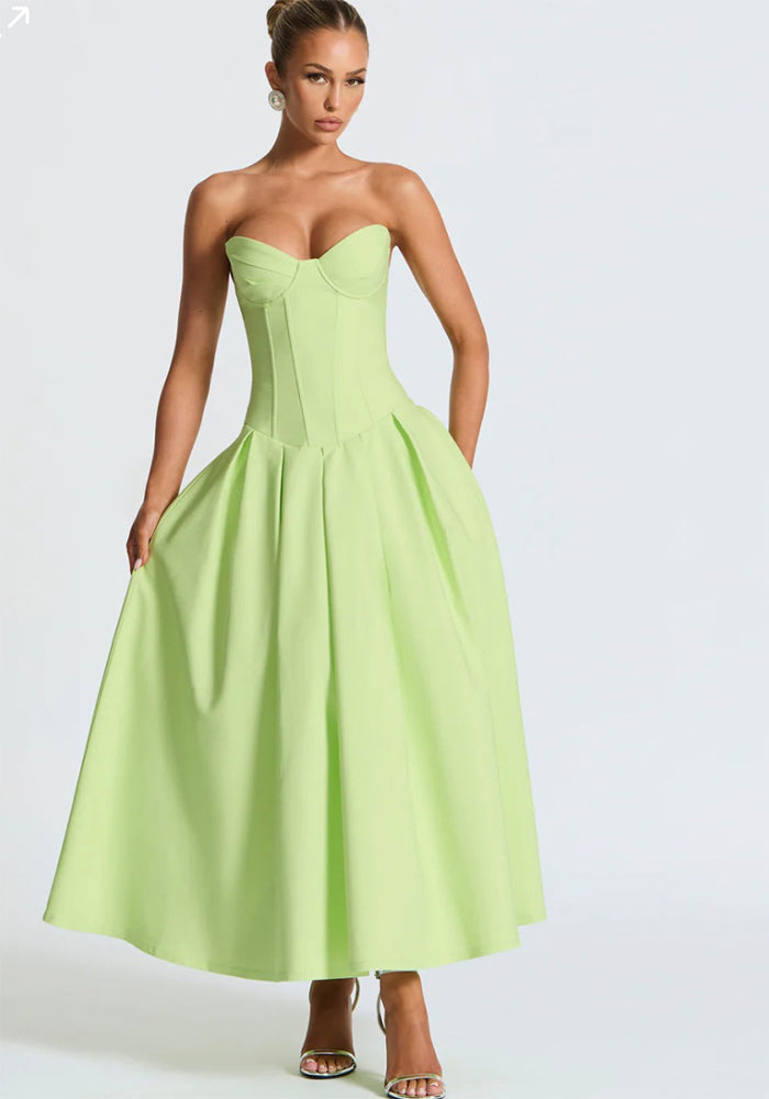 Women V-neck Off-shoulder Fishbone Waist Sexy Strapless Dress