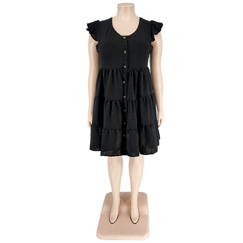 Plus Size Women's Solid Color Ruffled Short Sleeve Button Up Casual A-line Dress 19