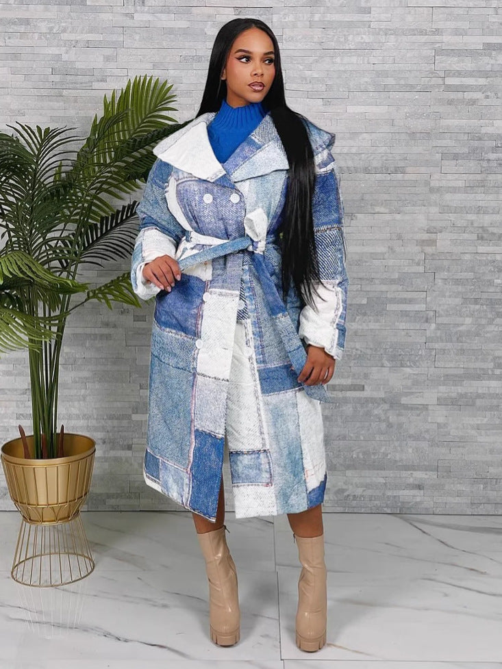 Women Denim patch print Turndown Collar lace-up jacket 4
