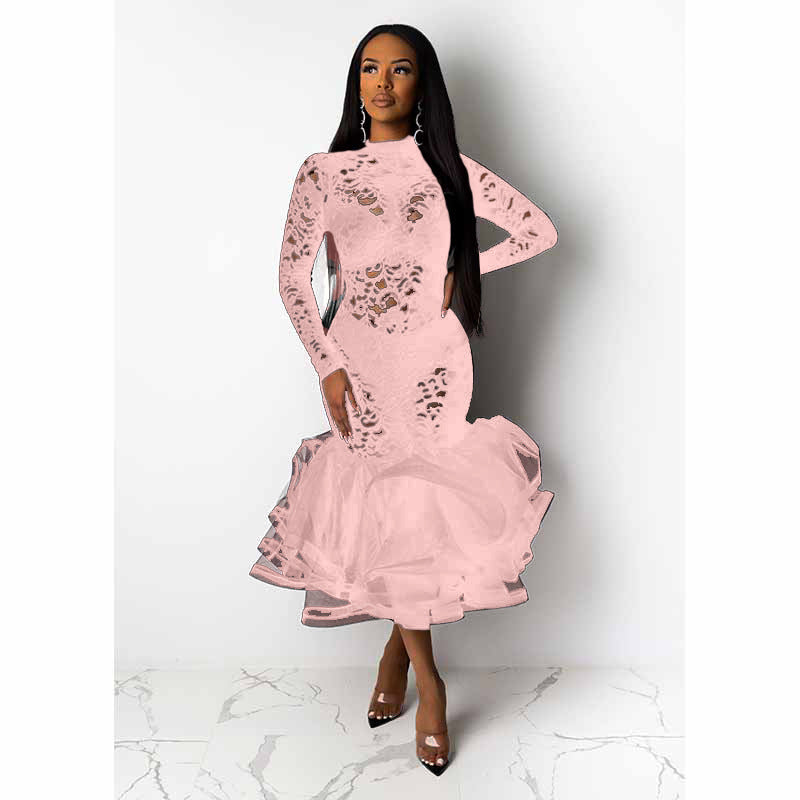 Plus Size Women Long Sleeve Cutout Lace Dress