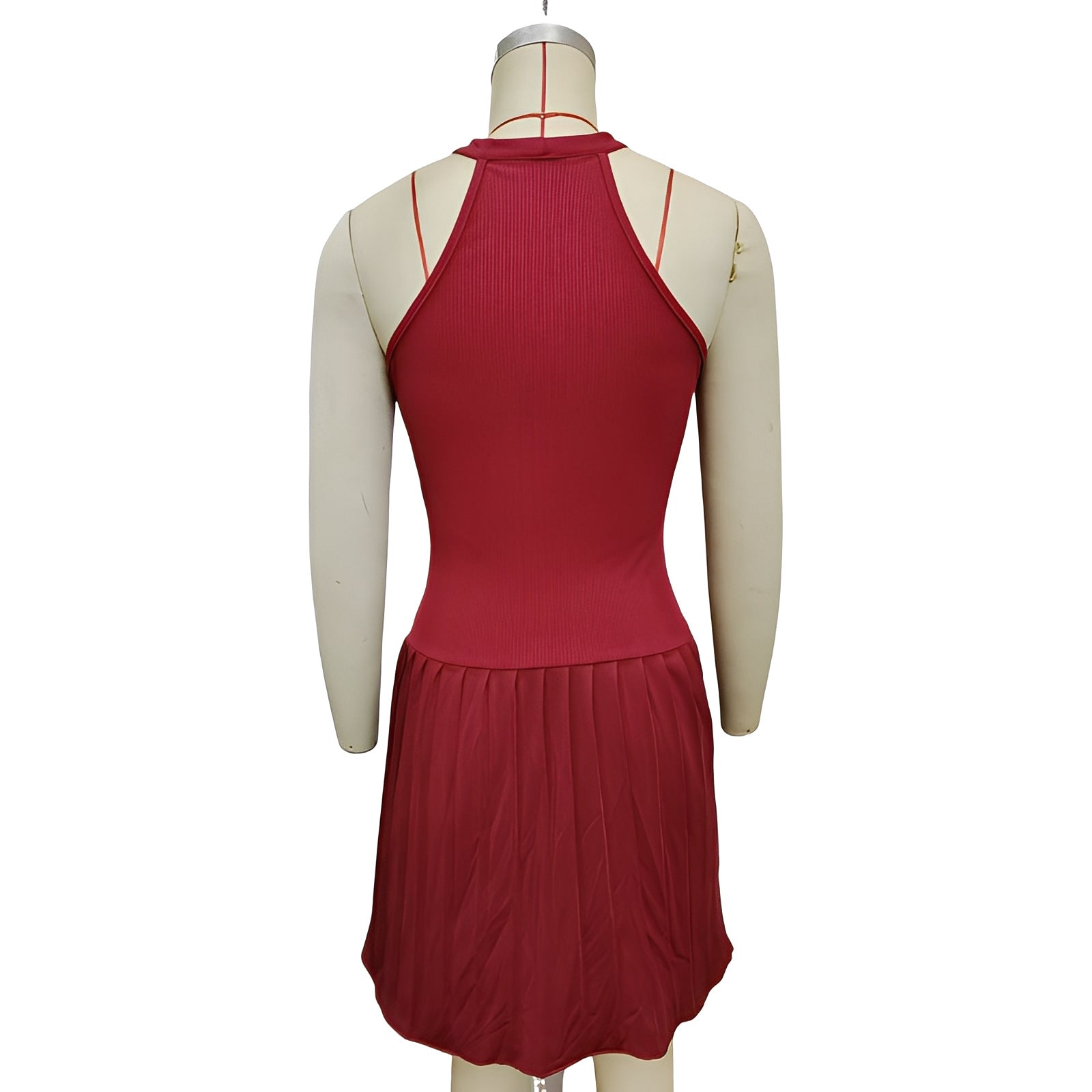 Fashion Women's Slim Fit Sexy Solid Color Ribbed Patchwork Pleated Short Dress 12