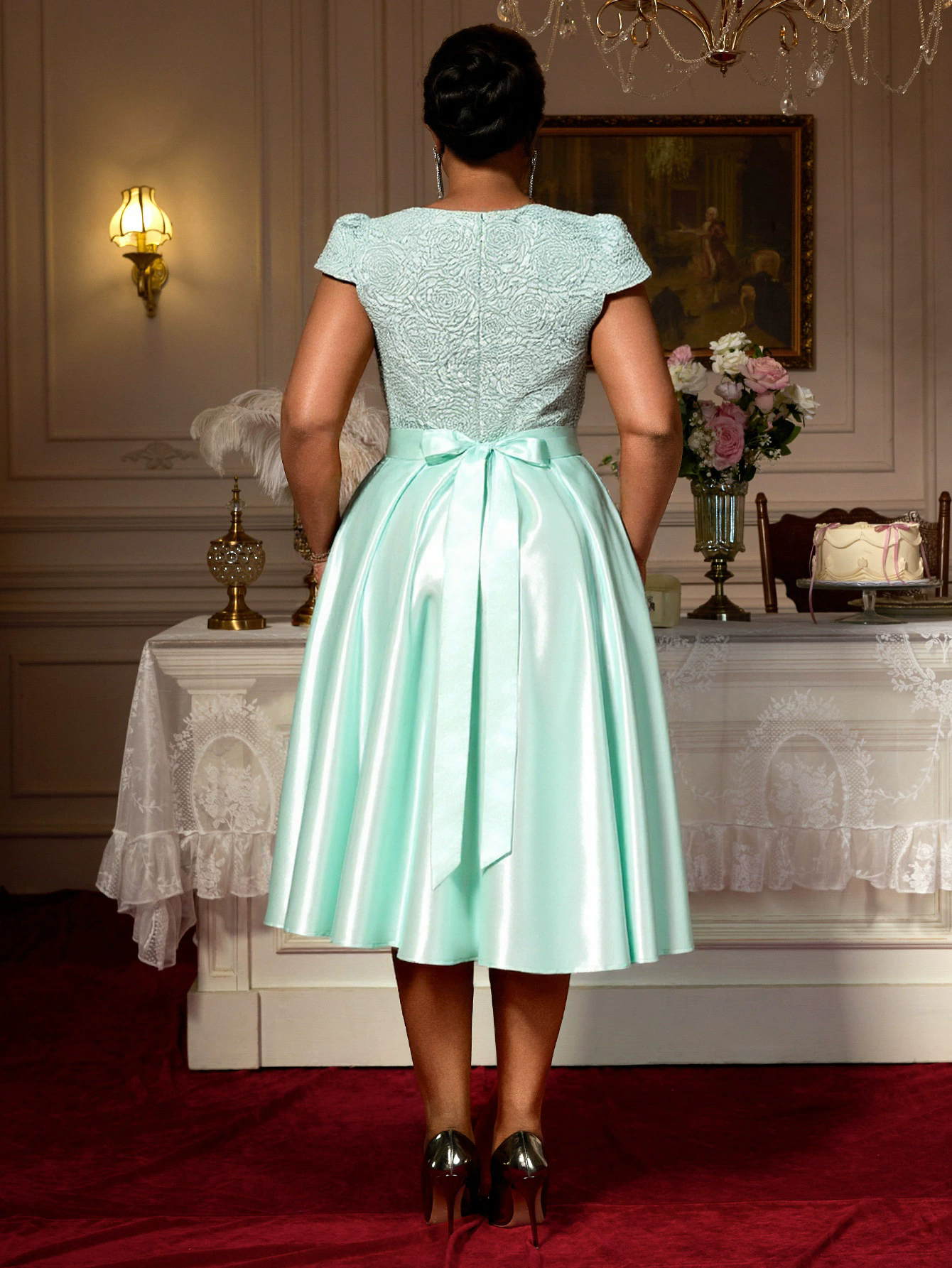 Summer Round Neck Rose Jacquard Bridesmaid Dress Bow Lace-Up Elegant Party Gown 3