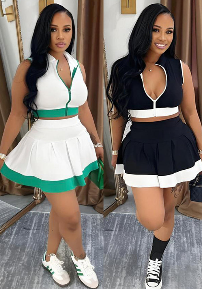 Contrast Color Sleeveless zipper top short skirt set