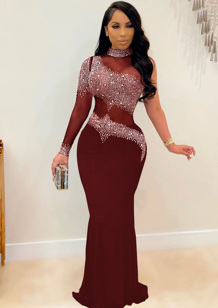 Fall Sexy Red Sequins One Shoulder High Neck Long Dress