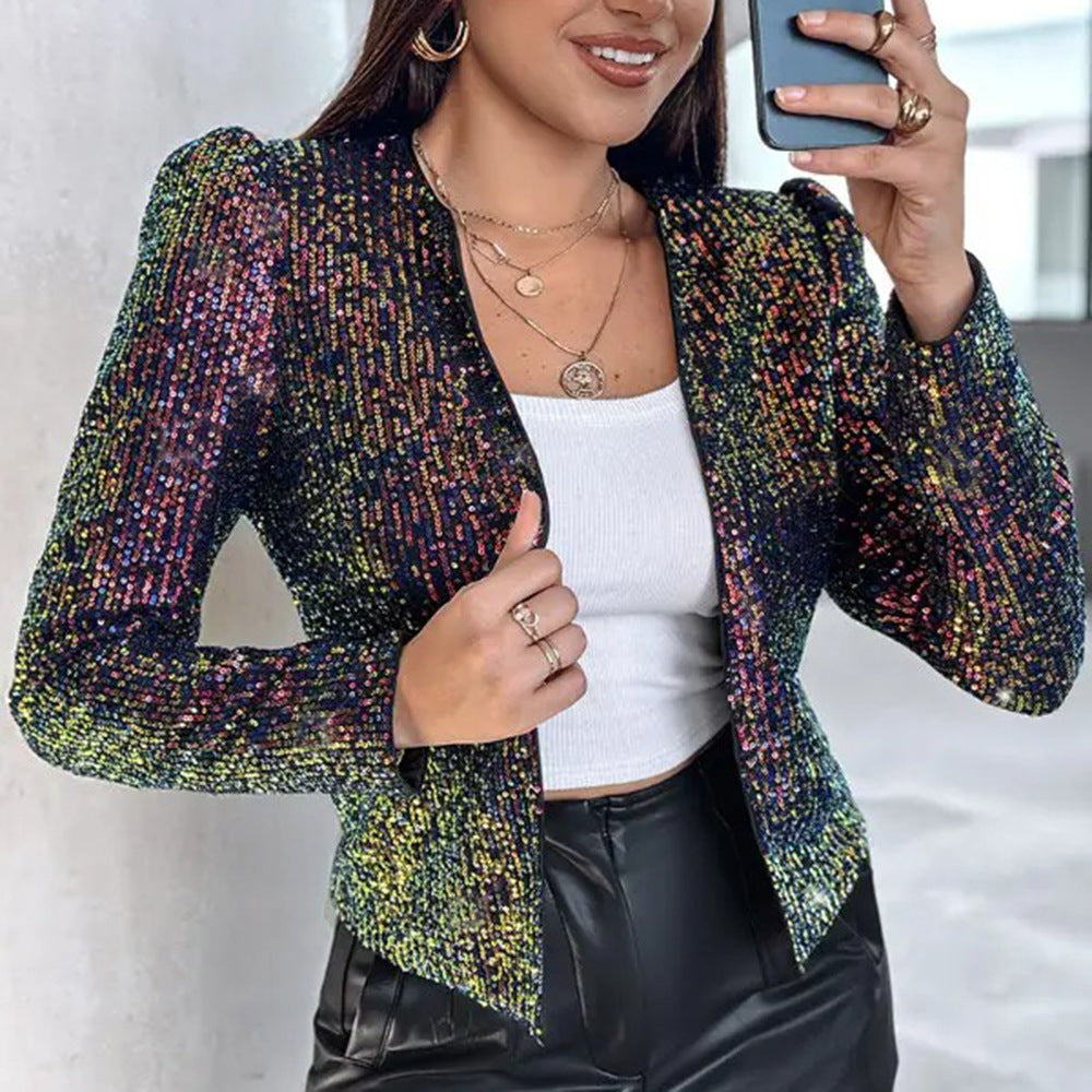 Women Leopard Sequin Long-Sleeved Blazer Coat