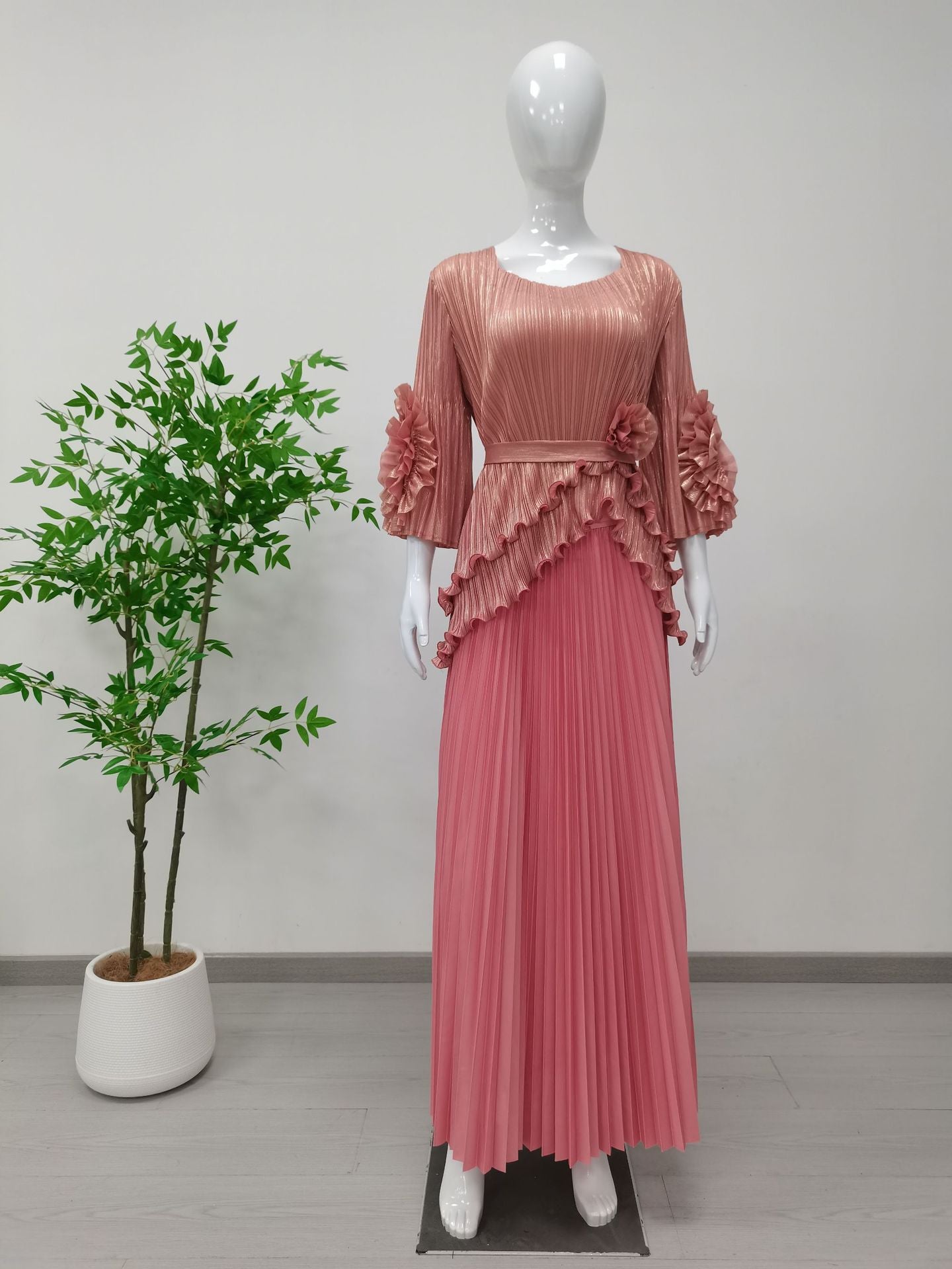 Plus Size Women Casual Pleated Irregular Top and Skirt Two Piece Set 5