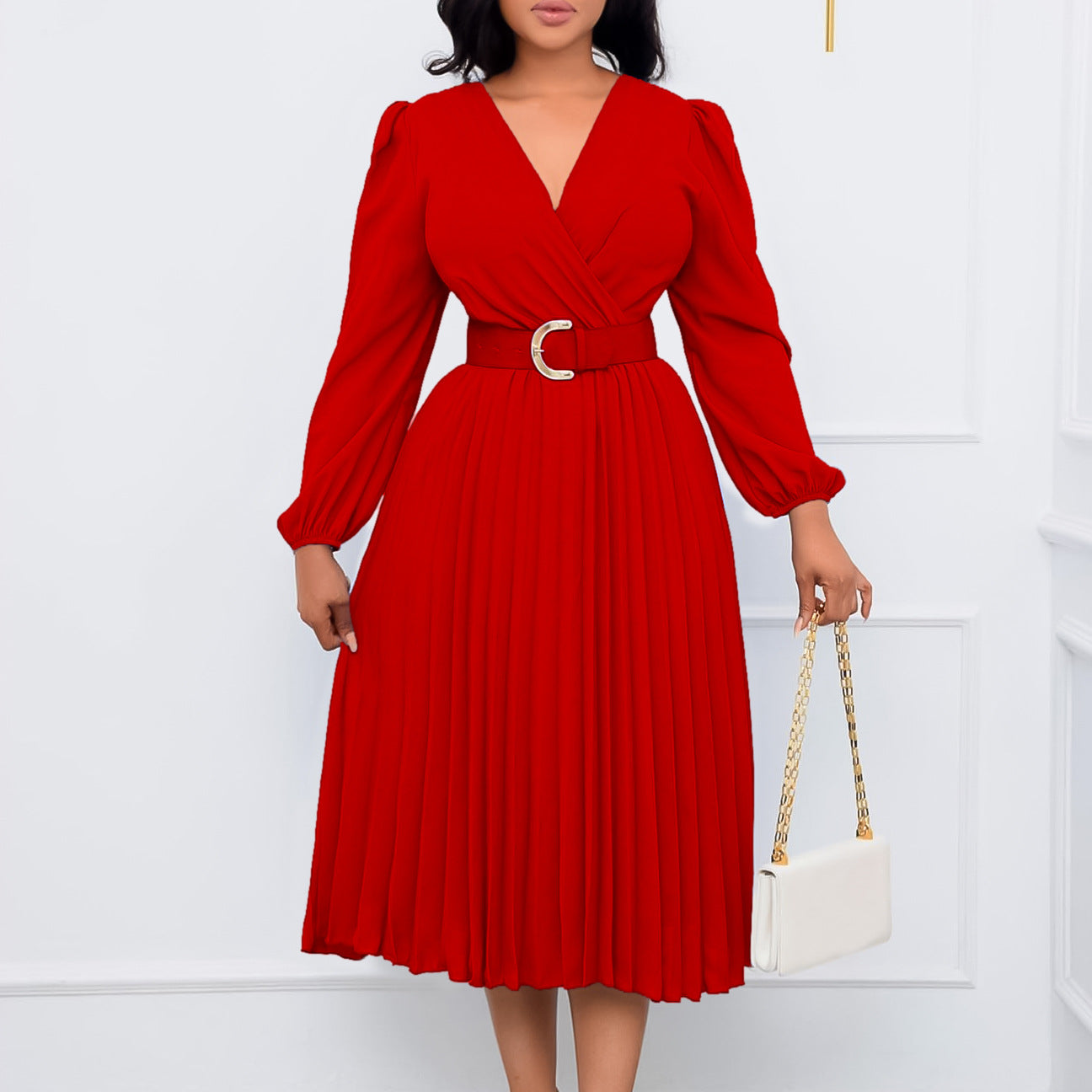 Plus Size Women Long Sleeve V-Neck Pleated Maxi Dress 5