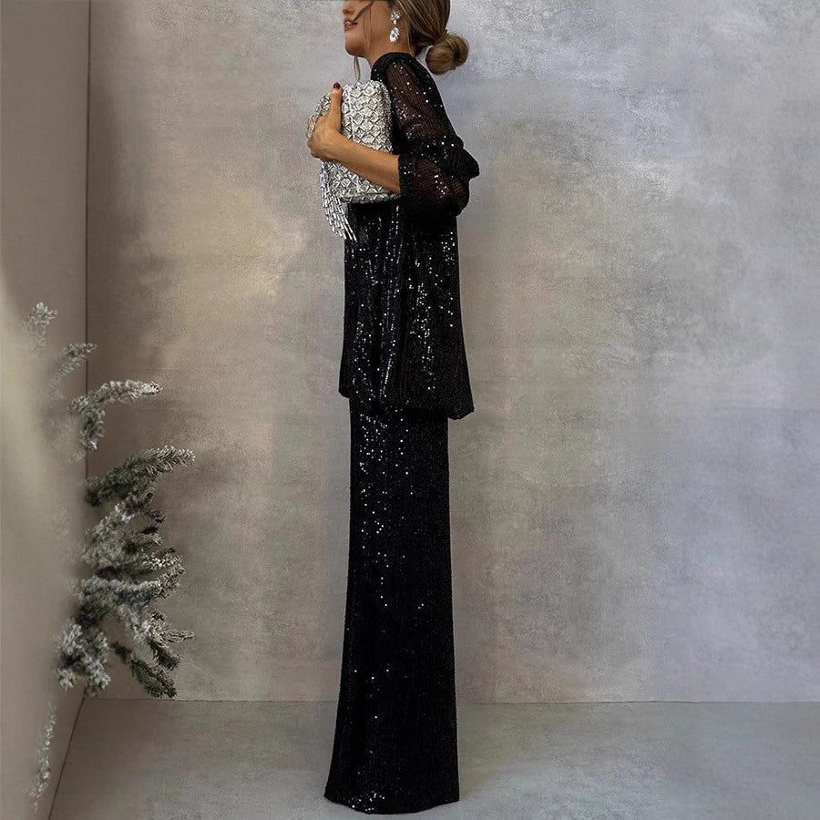 Women's Sequin Long Sleeve Two Piece Pants Set Chic Outerwear 10