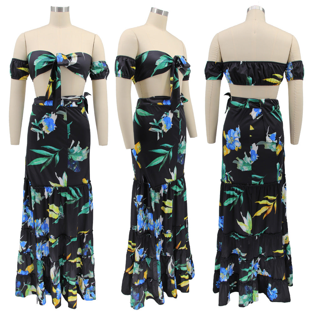 Women summer printed short-sleeved crop Top and slit Skirt sexy two-piece set 9