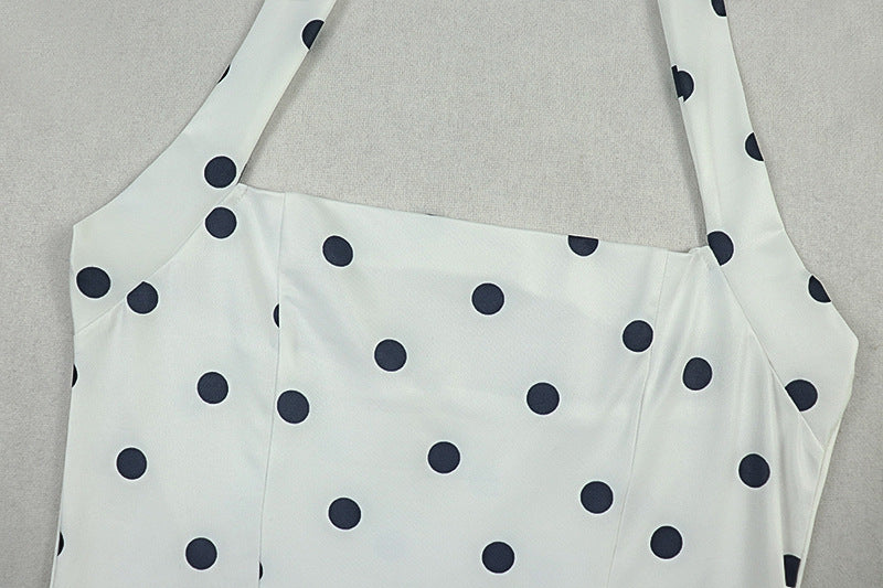 Women Black and White Polka Dot Pleated Halter Neck Sleeveless Dress 12