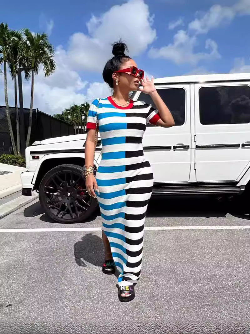 Women Round Neck Short Sleeve Slit Patchwork Striped Dress