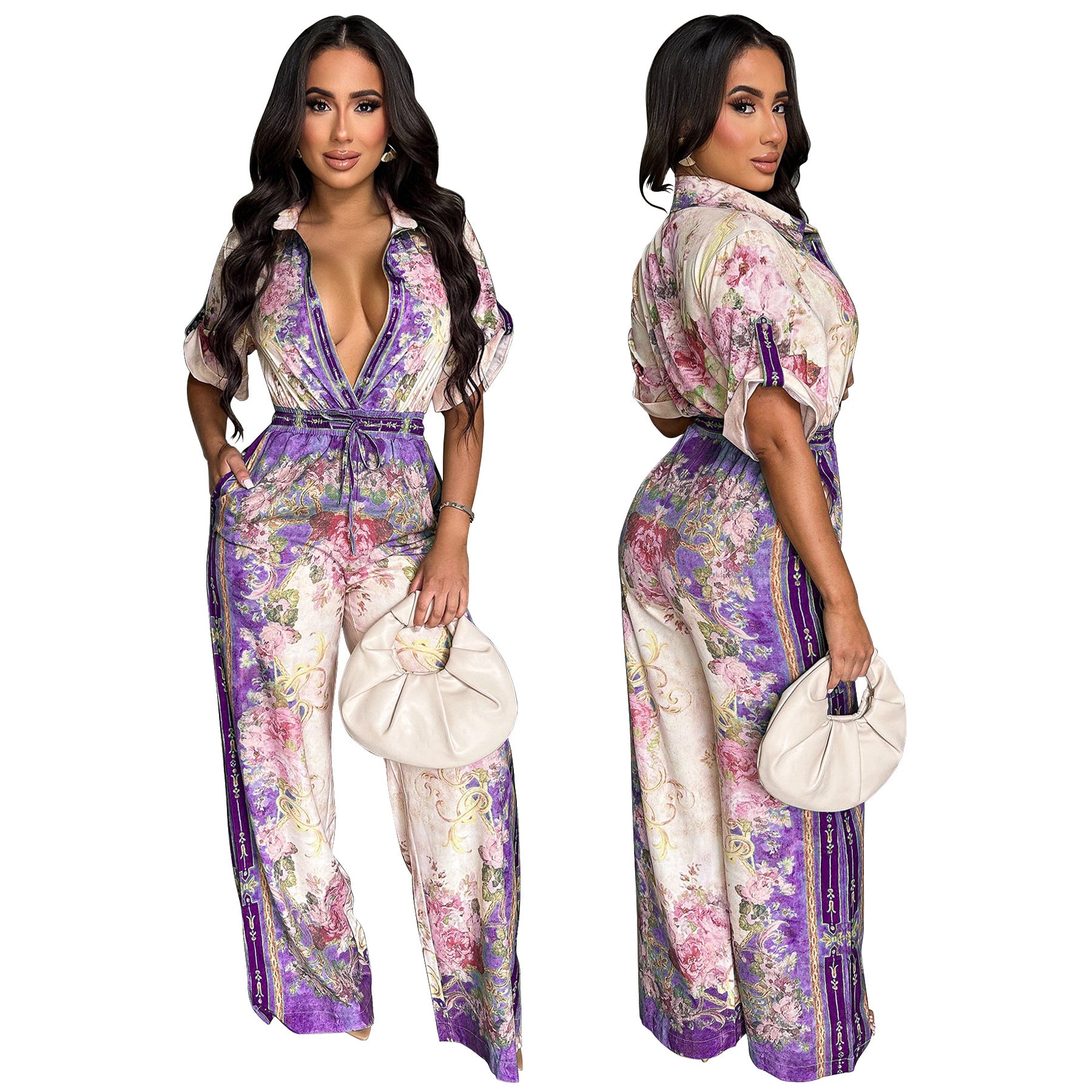 Women's Sexy V-Neck Retro Print Short Sleeve Jumpsuit