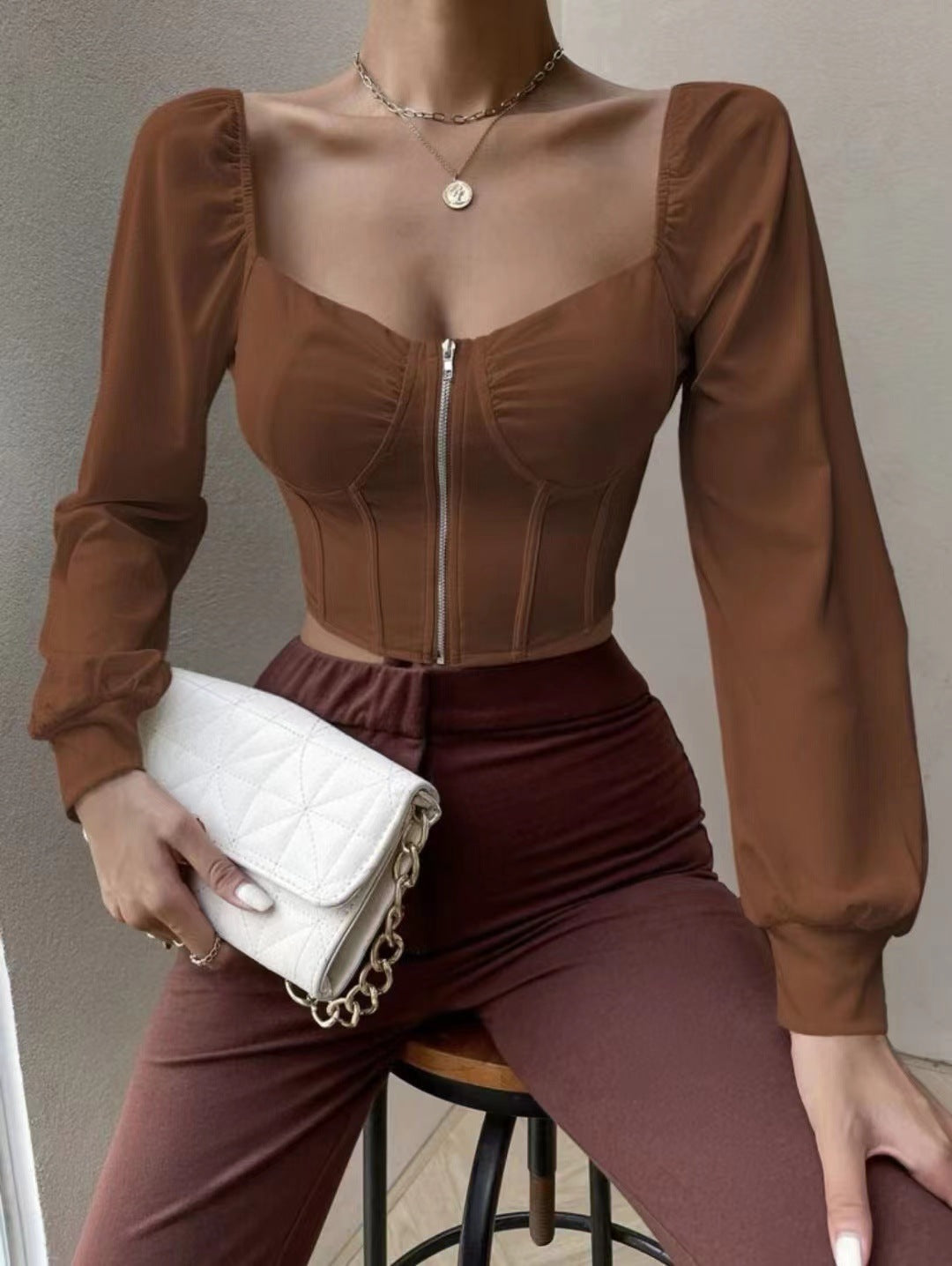 Women Zipper Puff Long Sleeve Shirt 11
