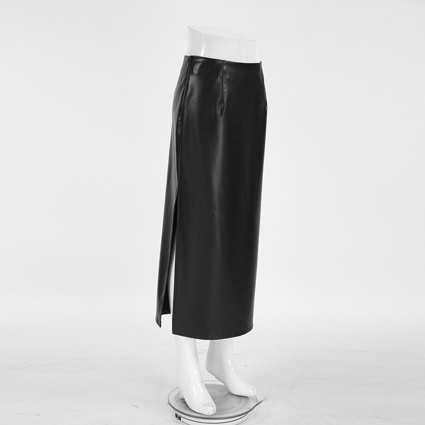 Black Sexy Autumn Winter Mid-Length PU Leather Skirt 7