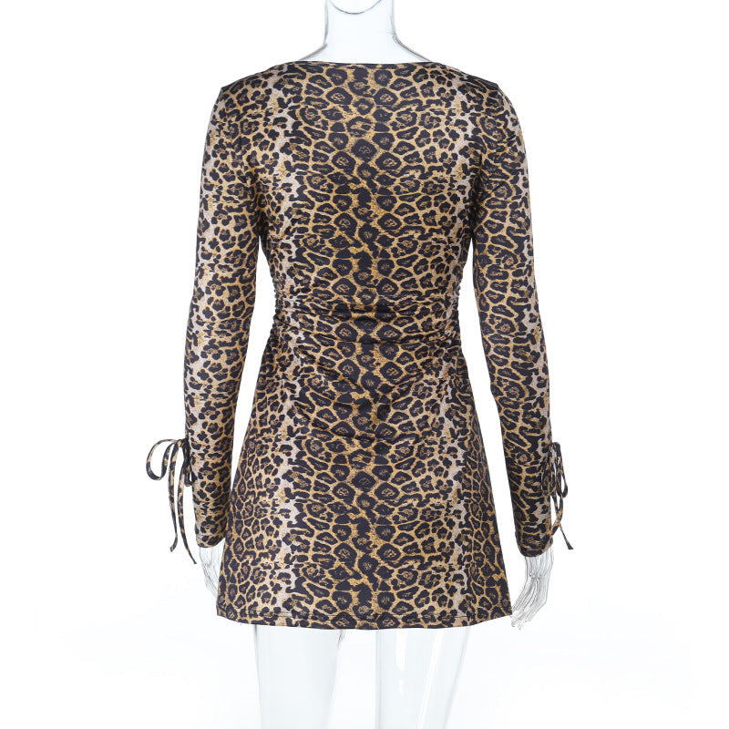 Women Fall V-Neck Leopard Print Crossover Lace-Up Dress 8