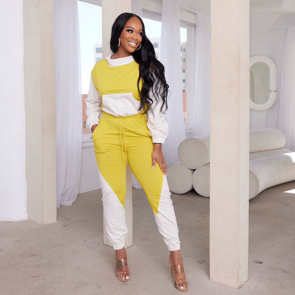 Women'S Patchwork Contrasting Hoodie Sport Casual Two Piece Pants Set 4