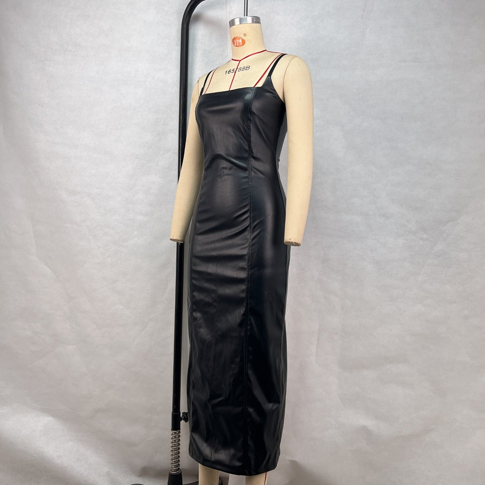 Women Spring Summer Pu-Leather Suspender Zipper Bodycon Dress 7