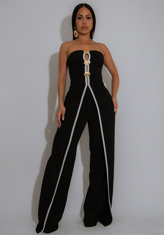 Women Sexy Strapless Metal Button Sleeveless Wide Leg Pants