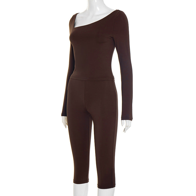 Irregular Slash Shoulder Long Sleeve Top and Solid Capri Two-Piece Set 8