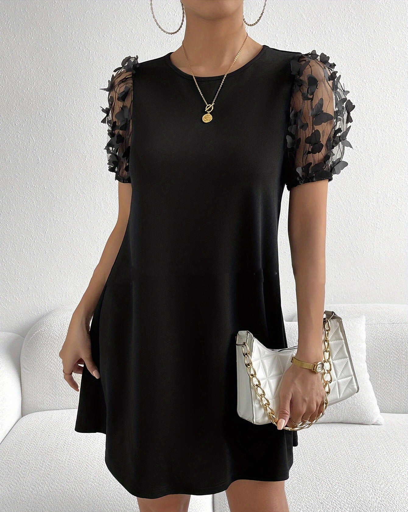 Mesh Applique Lantern Sleeve Casual Dress