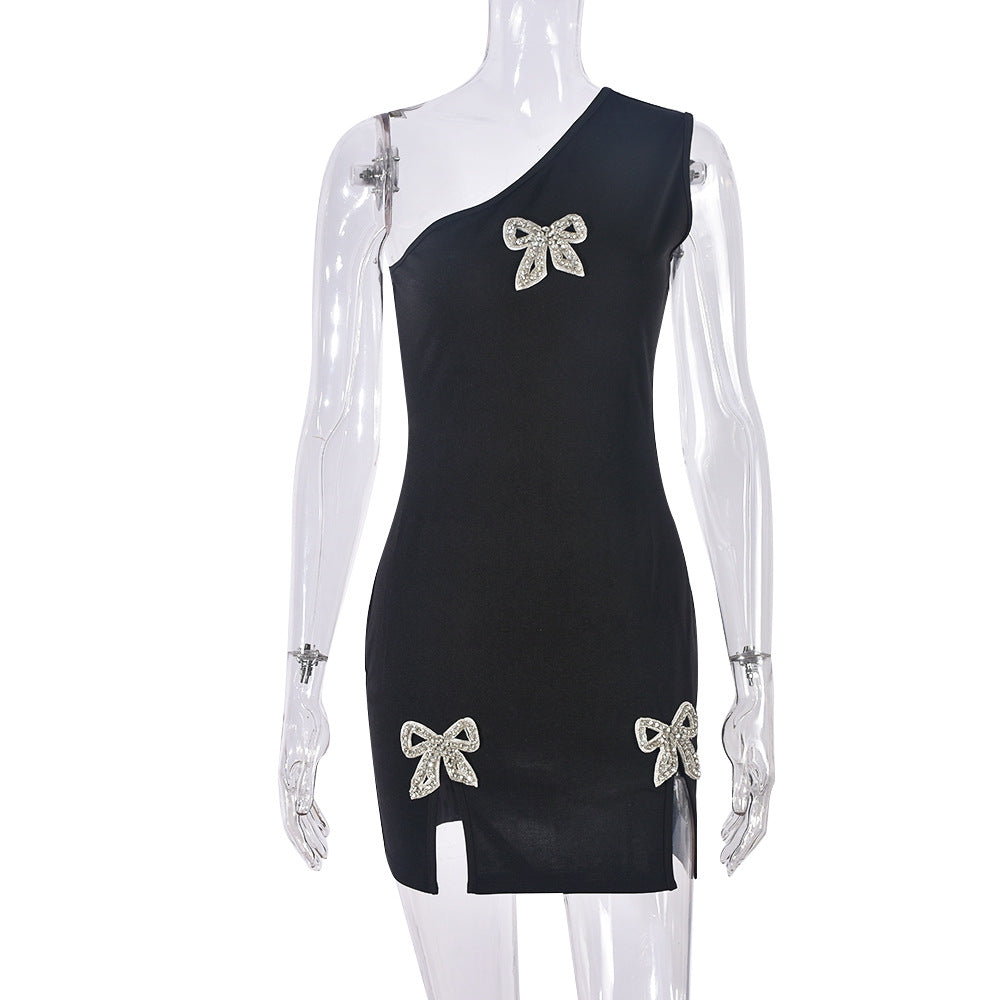 Summer Beaded Bow Slit Slash Shoulder Women Dress 9