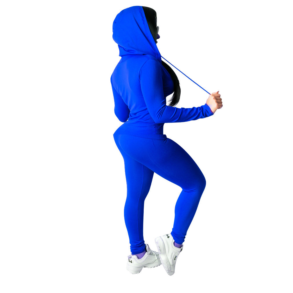 Spring Sexy Casual Solid Color Hooded Two Piece Tracksuit 7