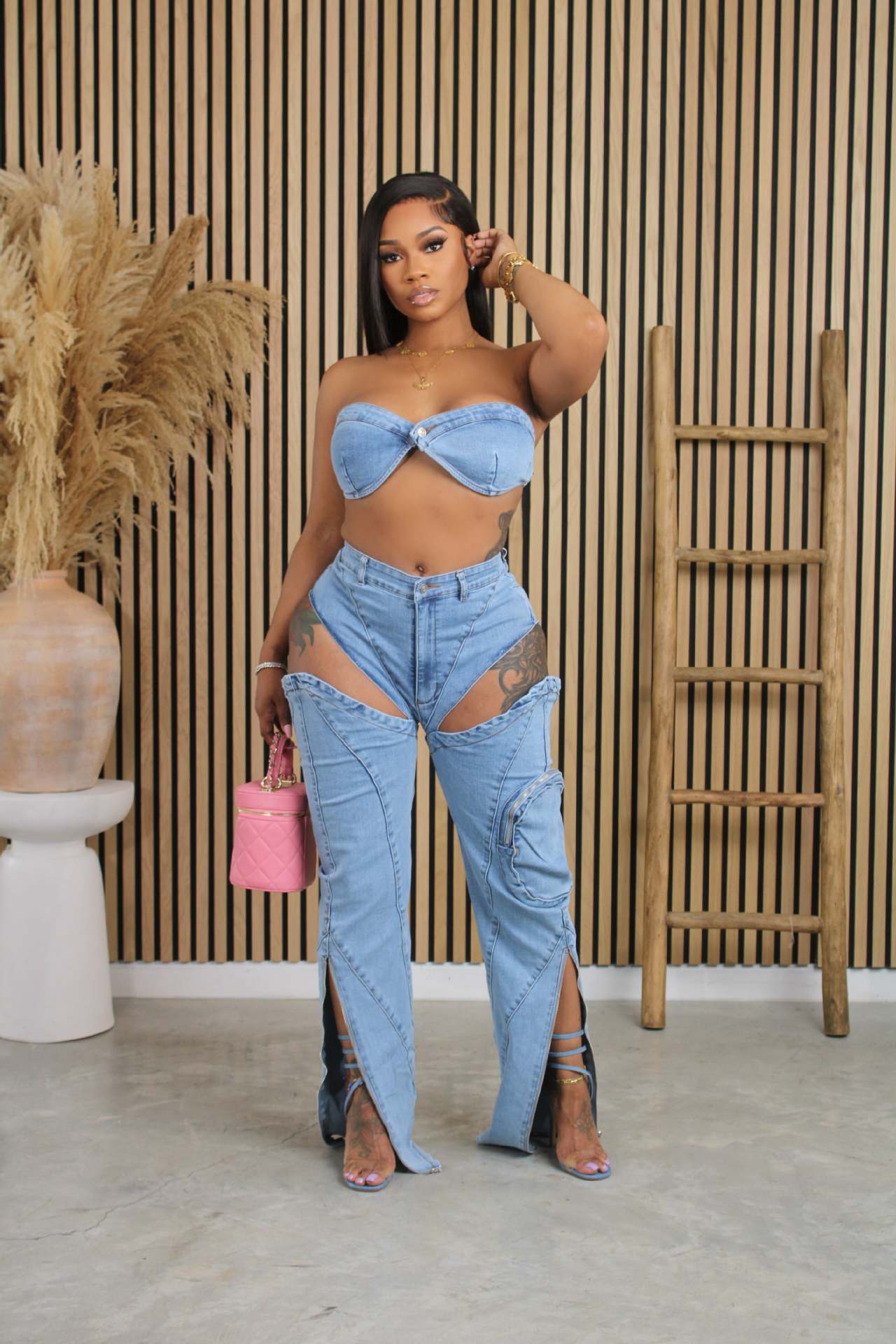 Women washed elastic denim split zipper pocket chest wrap and sexy denim pants set 4