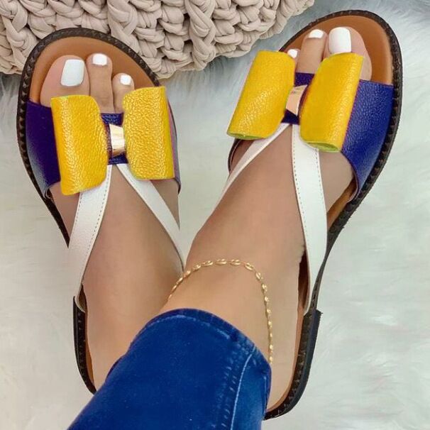 Spring Summer Style Flat Colorblock Bow Women's Sandals and Slippers Plus Size Women's Shoes 3