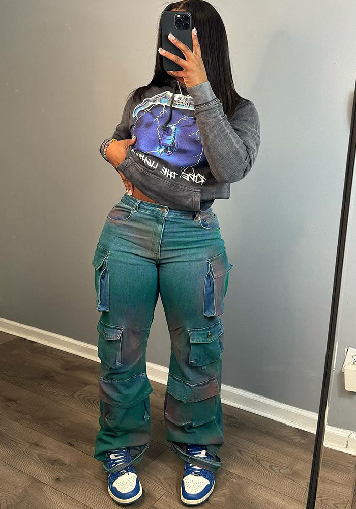 Women Style Pocket Tie Dye Denim Pants