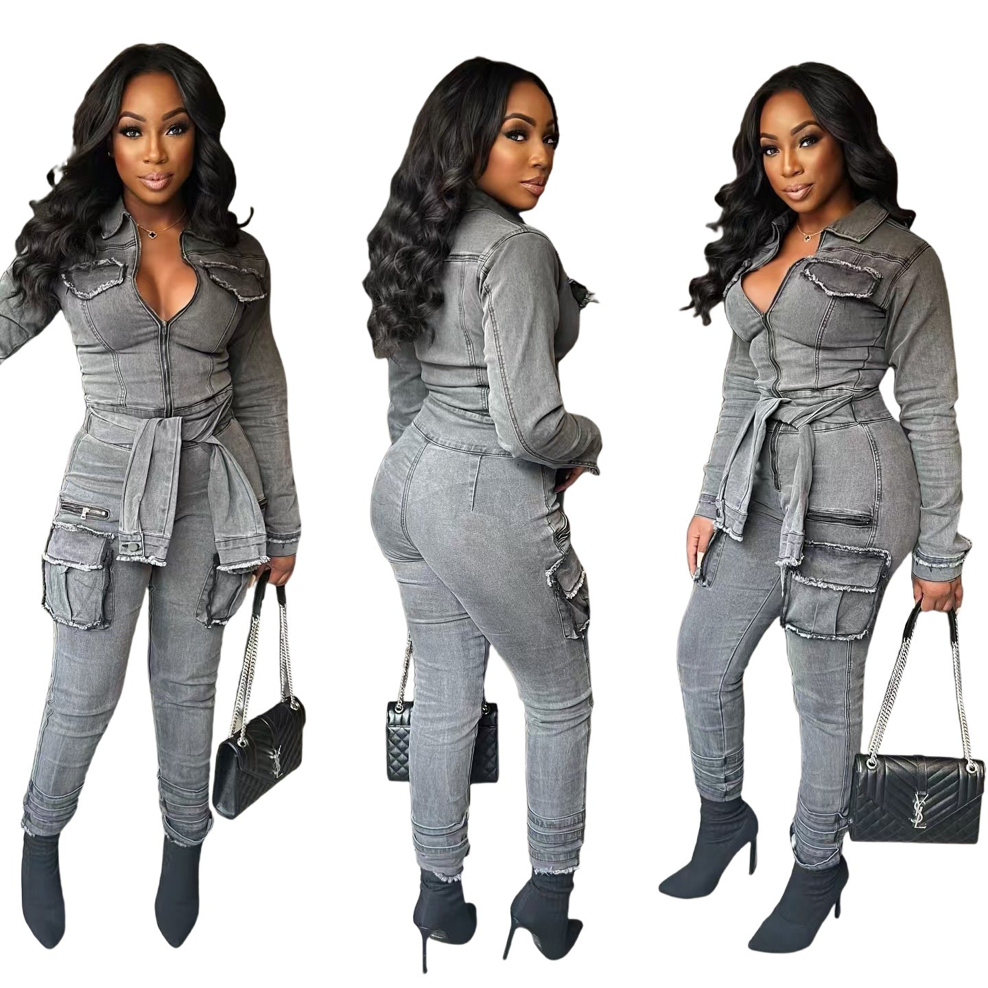 Women Tie Stretch Belt Denim Jumpsuit 3