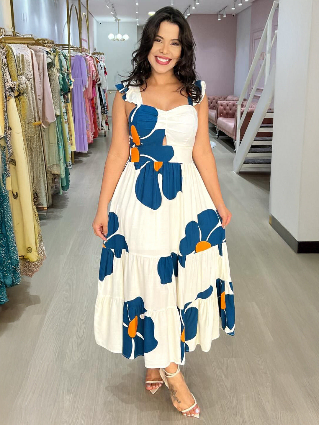 Women Printed Small Flying Sleeve Summer Dress 3